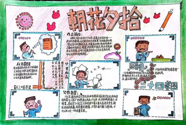 7401作者：刘依婷，介绍：《朝花夕拾》文集以记事为主，饱含着浓烈的抒情气息，往往又夹以议论，做到了抒情、叙事和议论融为一体，优美和谐，朴实感人。作品富有诗情画意，又不时穿插着幽默和讽喻；形象生动，格调明朗，有强烈的感染力，值得一读。我想以绘画和思维导图的形式来表现这本书。