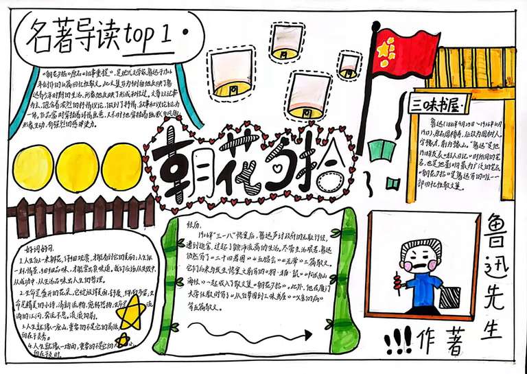 7402作者：何小颖，介绍：《朝花夕拾》中包含了鲁迅先生对美好童年的回忆以及对旧社会的批判，其中为我们塑造了许多深入人心的角色，这位“人民艺术家”以一支笔作为一杆枪，抒发自己强烈的情感，给后人留下了宝贵的精神财富。我以图文结合的形式，来表达这本书，其中各种回忆与事，娓娓动听，回味无穷。